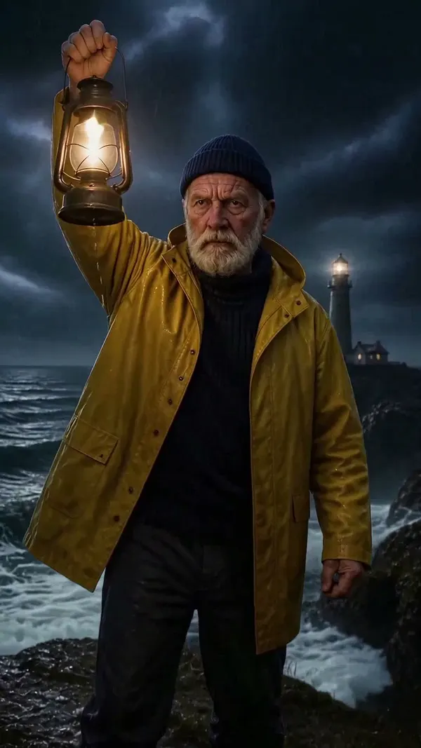 The same keeper raising a lantern on a cliff in a storm