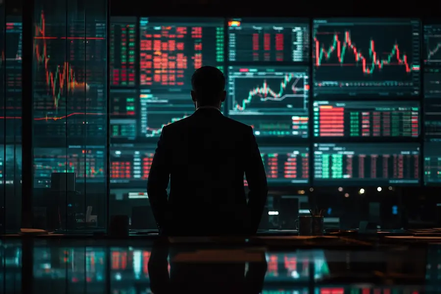 A widescreen 16:9 scene rendered on Vidsly's Director's Cut engine: a trader silhouetted against a wall of market screens